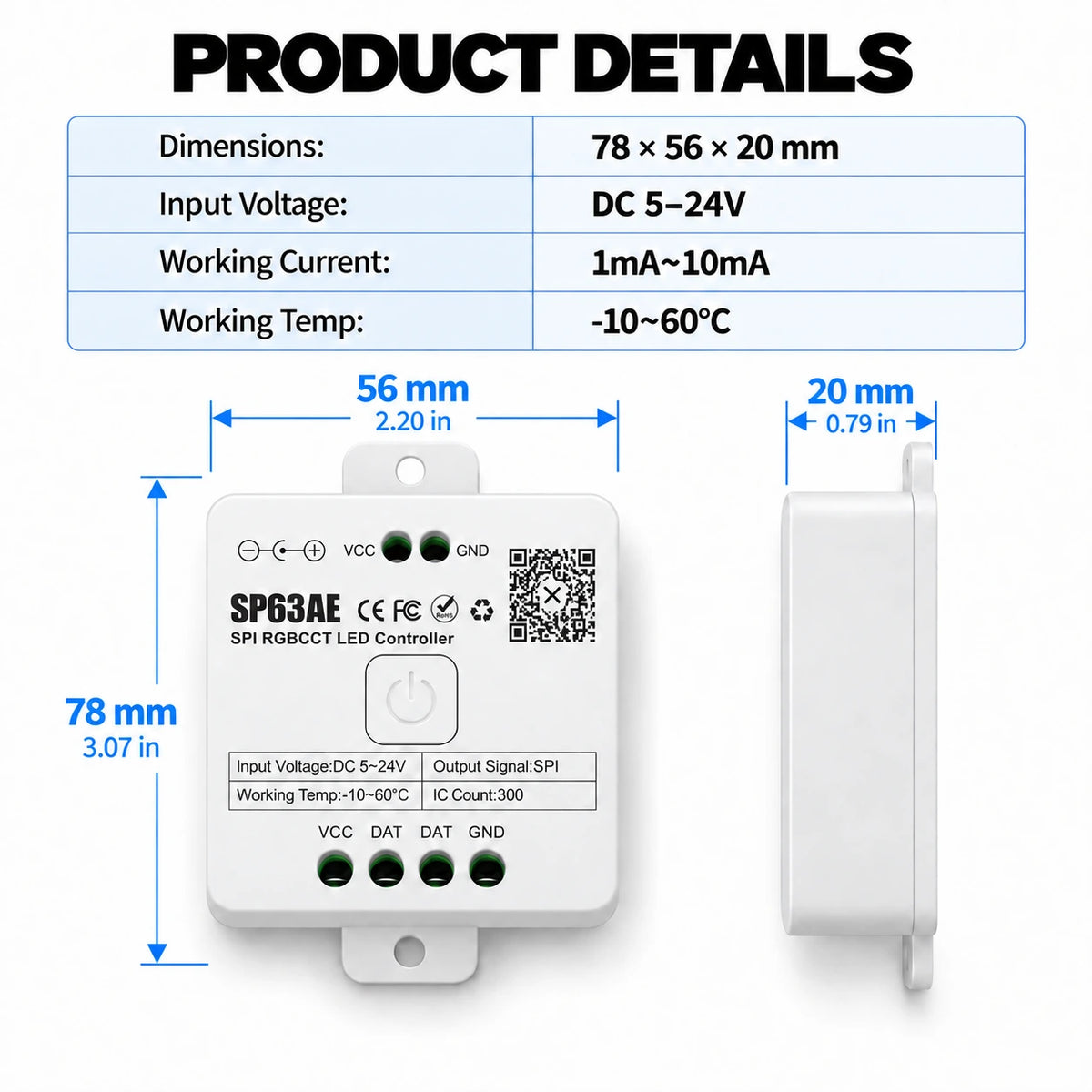 Addressable RGBCCT LED Strip Controller for WS2805, 5-24V SPI – SP63AE