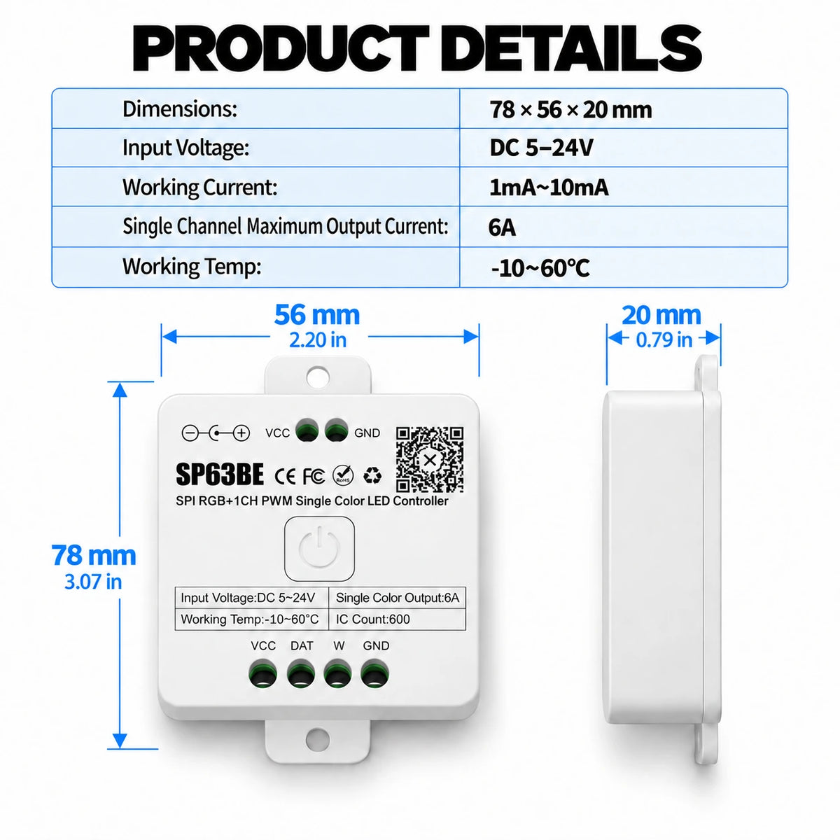 Addressable RGB + Single Color LED Controller, SPI + PWM 5-24V – SP63BE