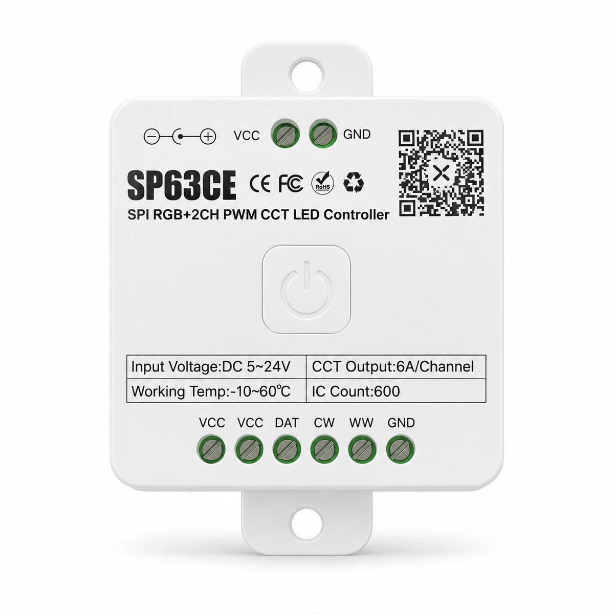 Addressable RGB + CCT LED Controller, SPI + 2CH PWM 5-24V – SP63CE