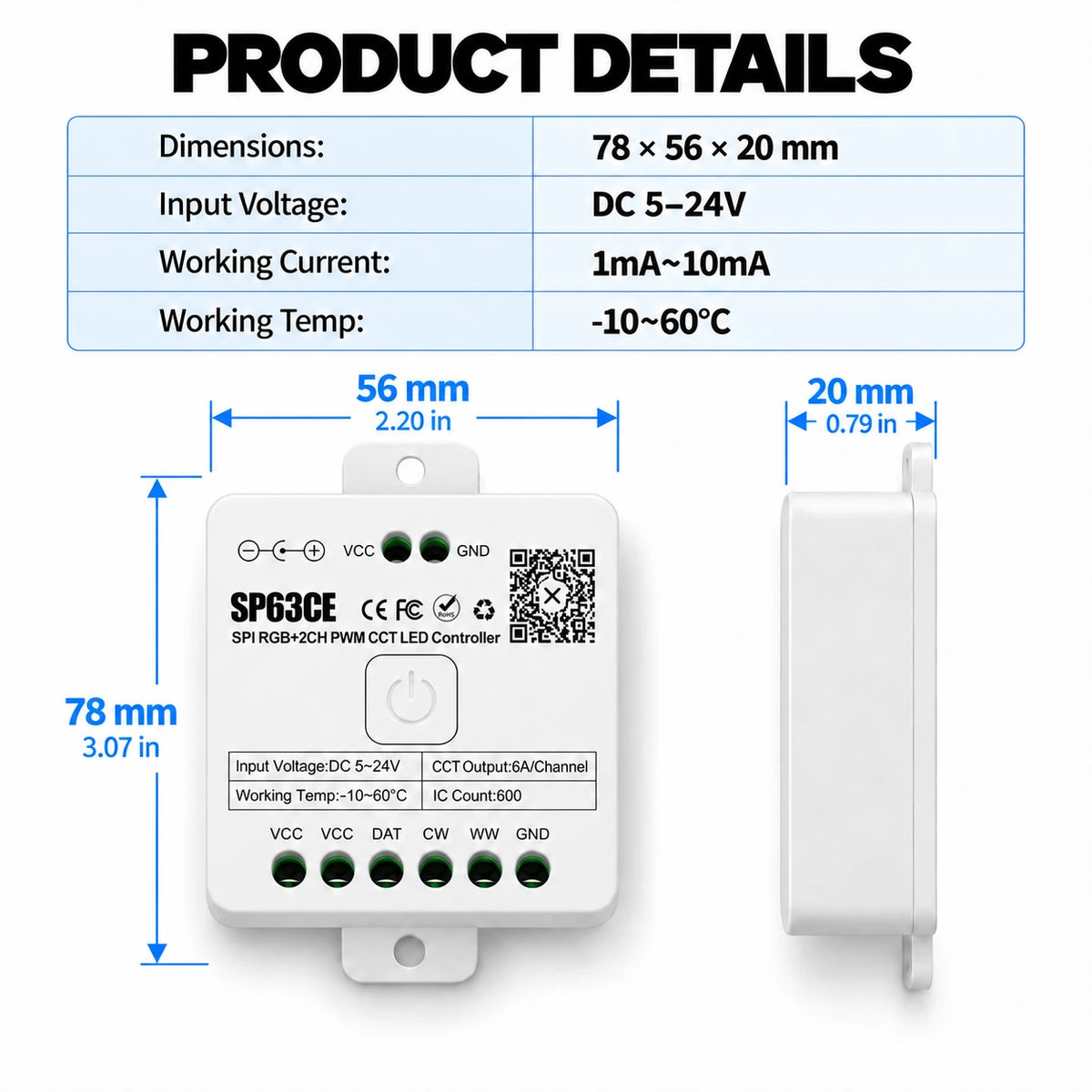 Addressable RGB + CCT LED Controller, SPI + 2CH PWM 5-24V – SP63CE